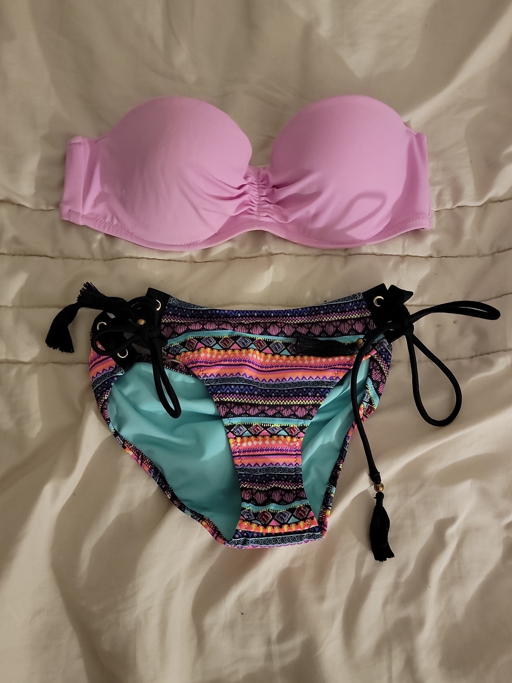 Strapless Pink Bandeau Bikini Top with Multicolored Tie-Side Bottoms